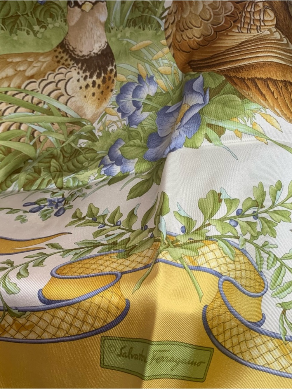 Salvatore Ferragamo Yellow, Green & Blue Game Bird Silk Scarf